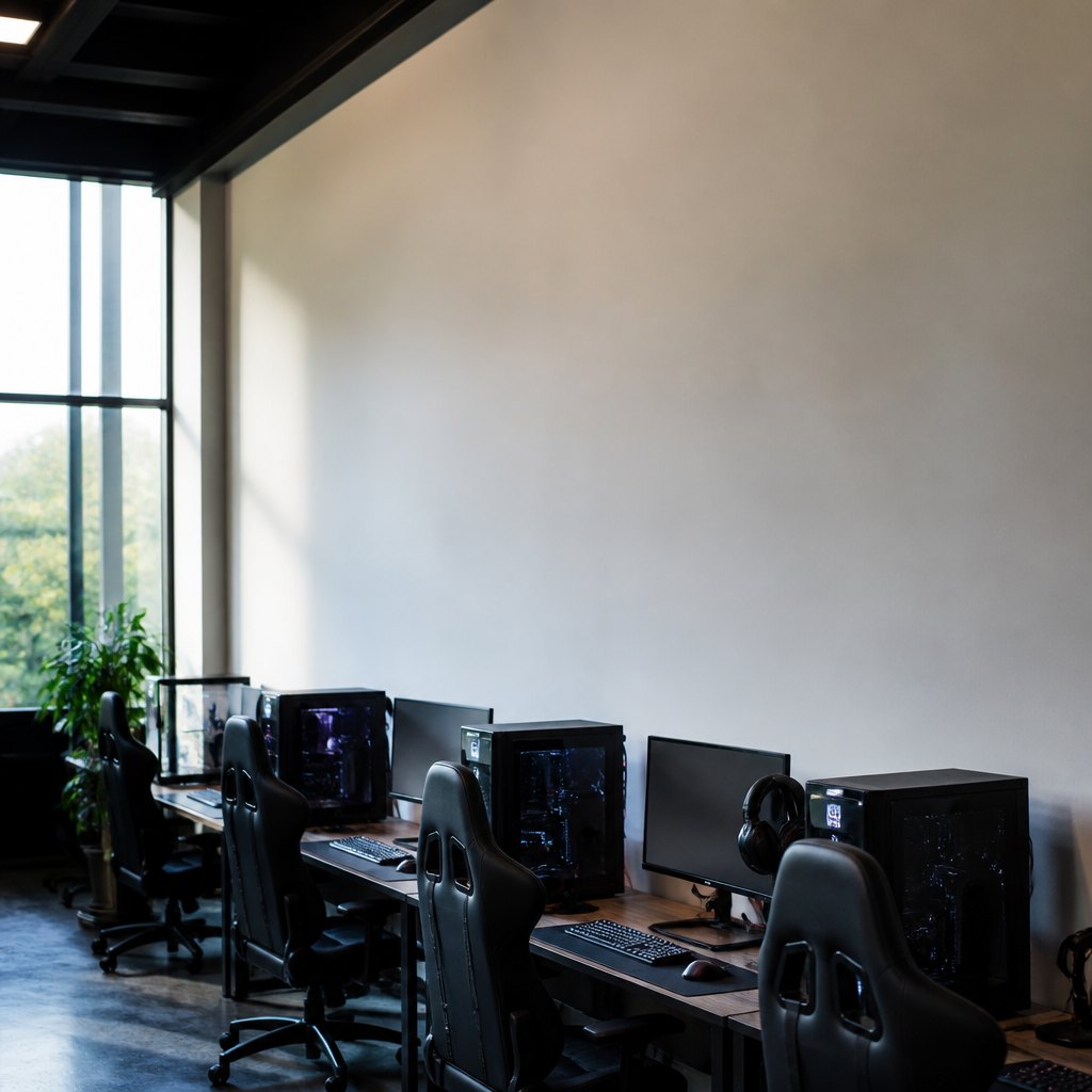 Two rows of computer stations along a wall with glowing screens and cabling across the floor