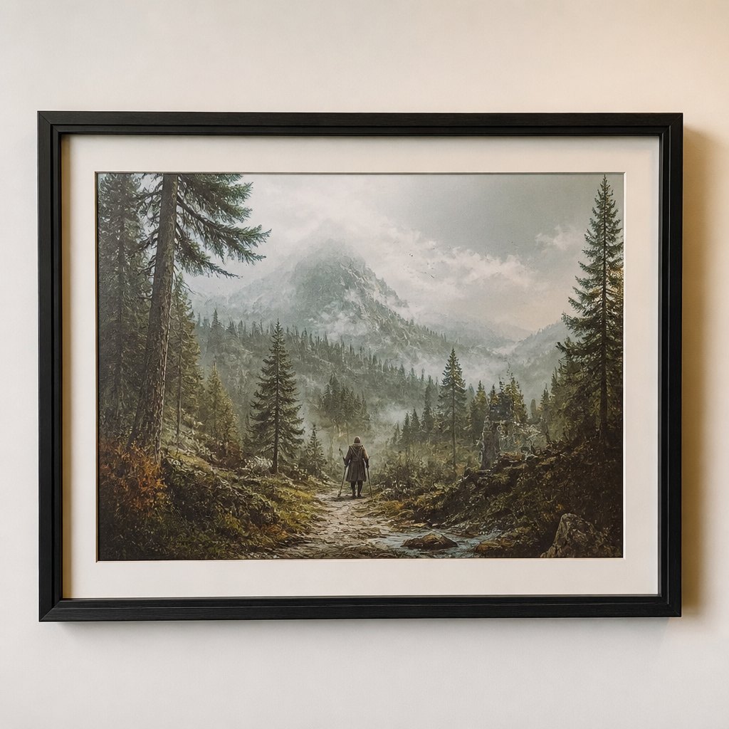 Framed game concept art — a lone traveller on a misty forest path