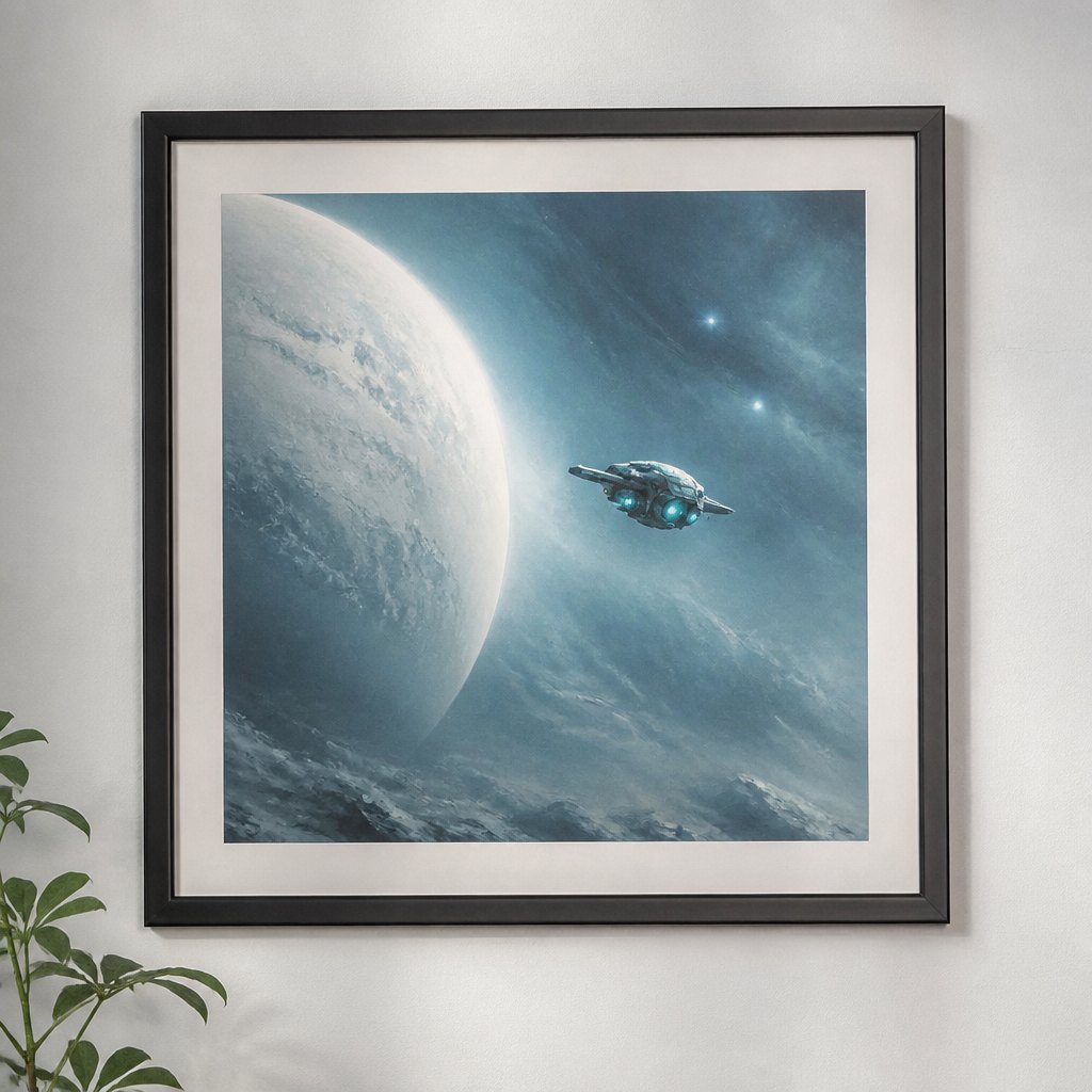 Framed game concept art — a small spaceship near a pale planet