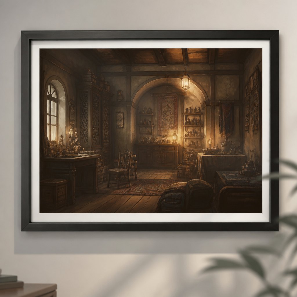 Framed game concept art — a cosy lamplit interior room